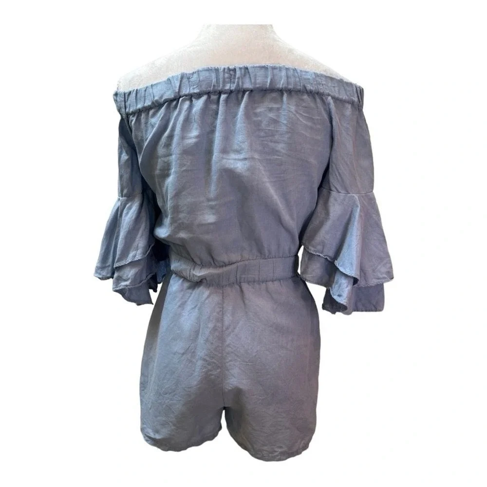 Zara Basic Chambray Blue Off‎ Shoulder Ruffle Sleeve Romper Sunsuit Size  Small